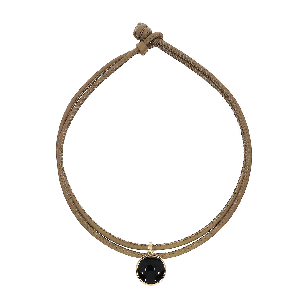 Leather necklace, light brown, detachable circle pendant, 9K gold, Onyx stone