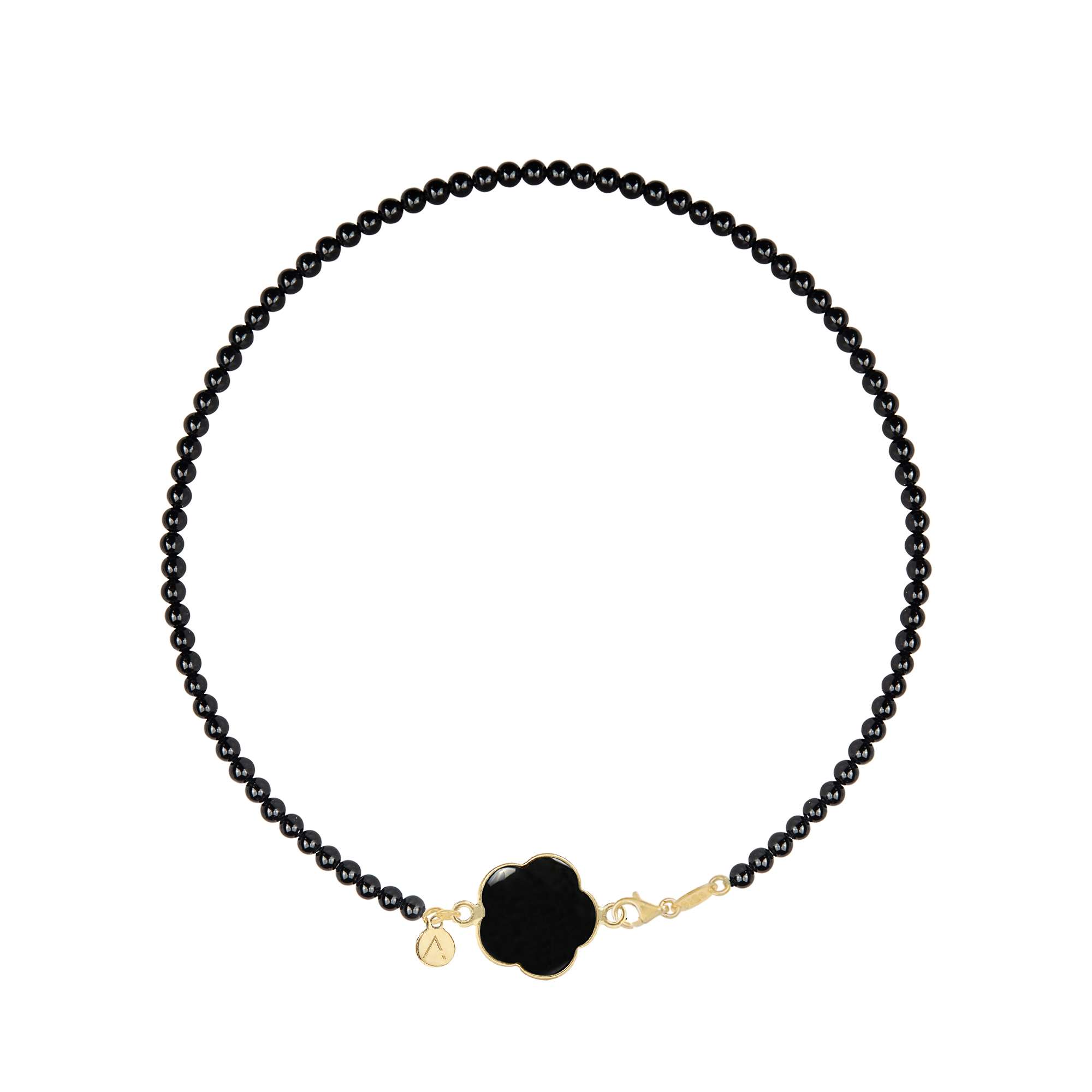 Amani necklace, flower pendant, 9K yellow gold, Onyx stone