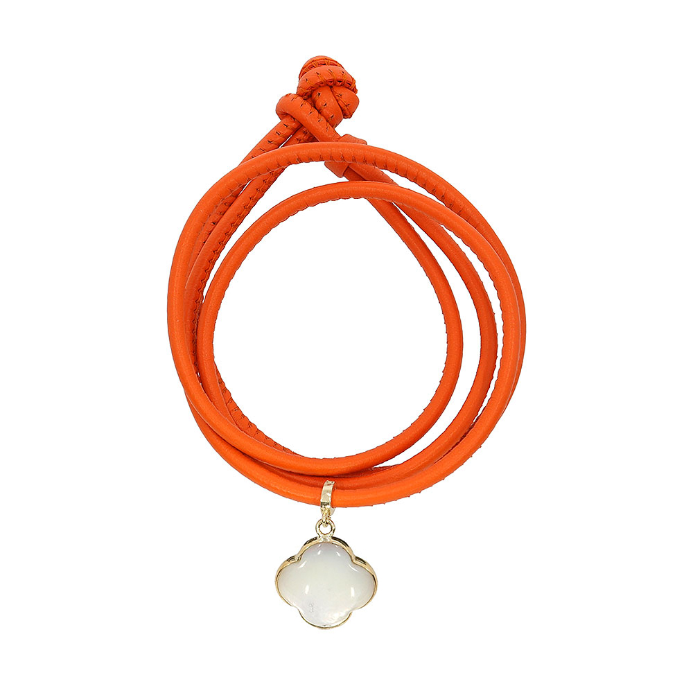 Leather bracelet, orange, removable cross pendant, 9K gold, Madre Perla stone
