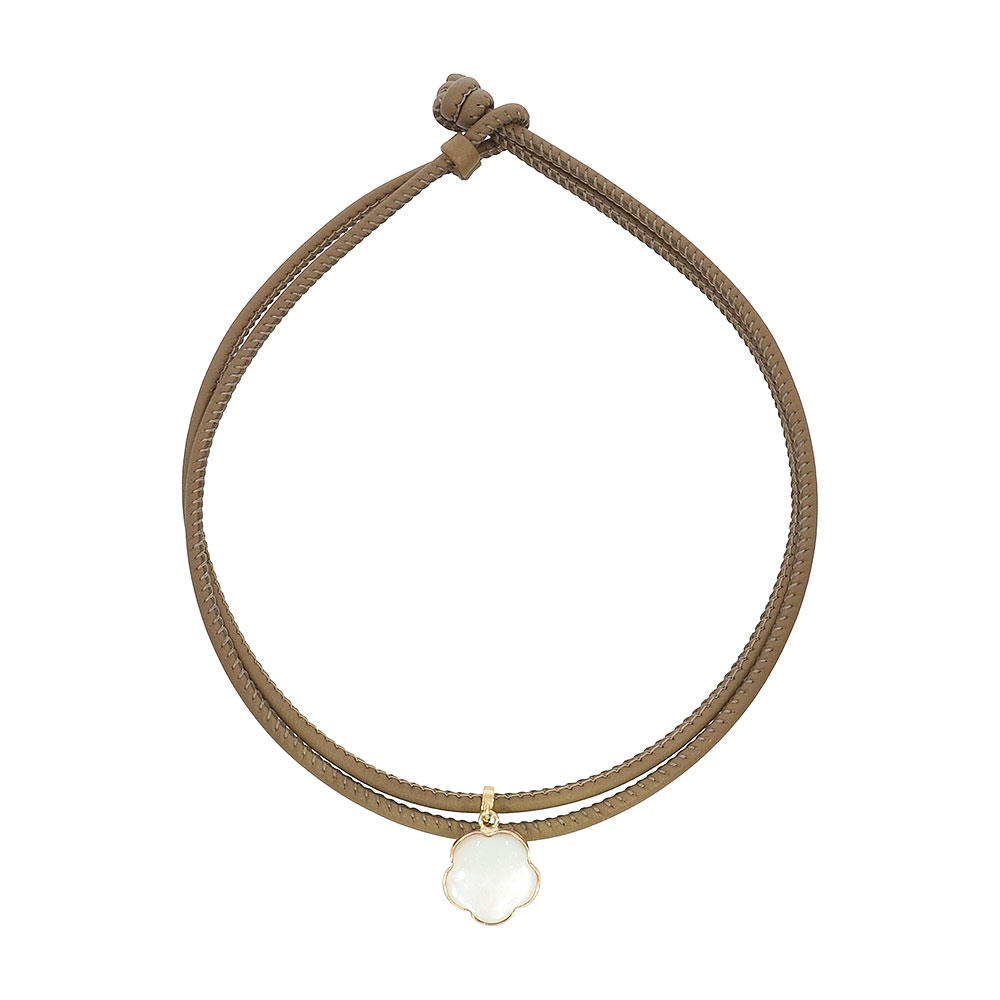 Leather necklace, light brown, removable flower pendant, 9K gold, Madre Perla stone
