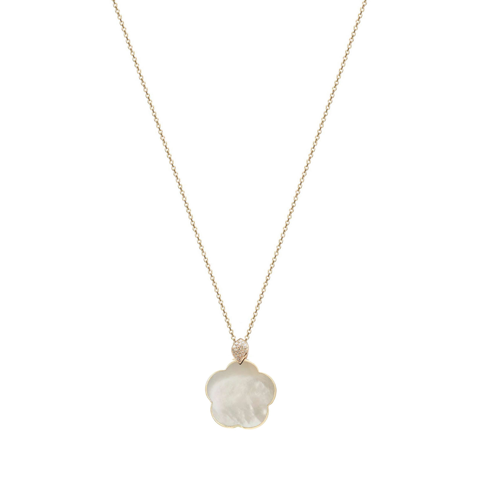 Diamond chain, flower pendant, 9K yellow gold, Madre Perla stone