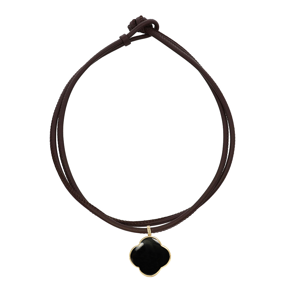 Leather necklace, dark brown, removable cross pendant, 9K gold, Onyx stone