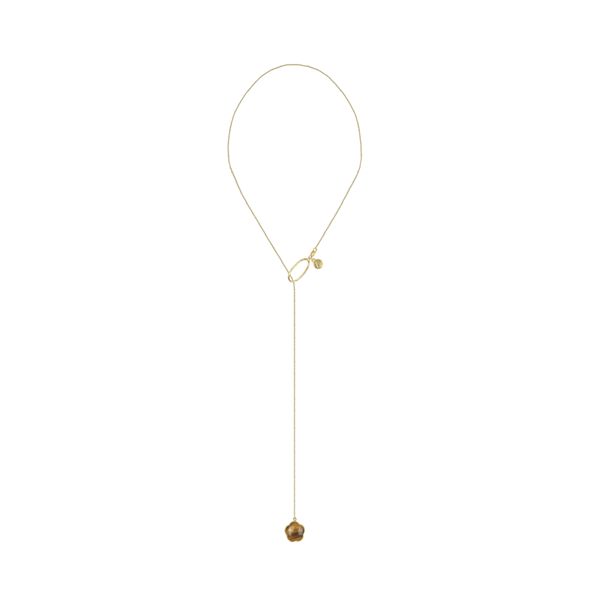 Long Adjustable Chain with Circle Pendant, 9K Yellow Gold, Flower Pendant, Tiger's Eye Stone