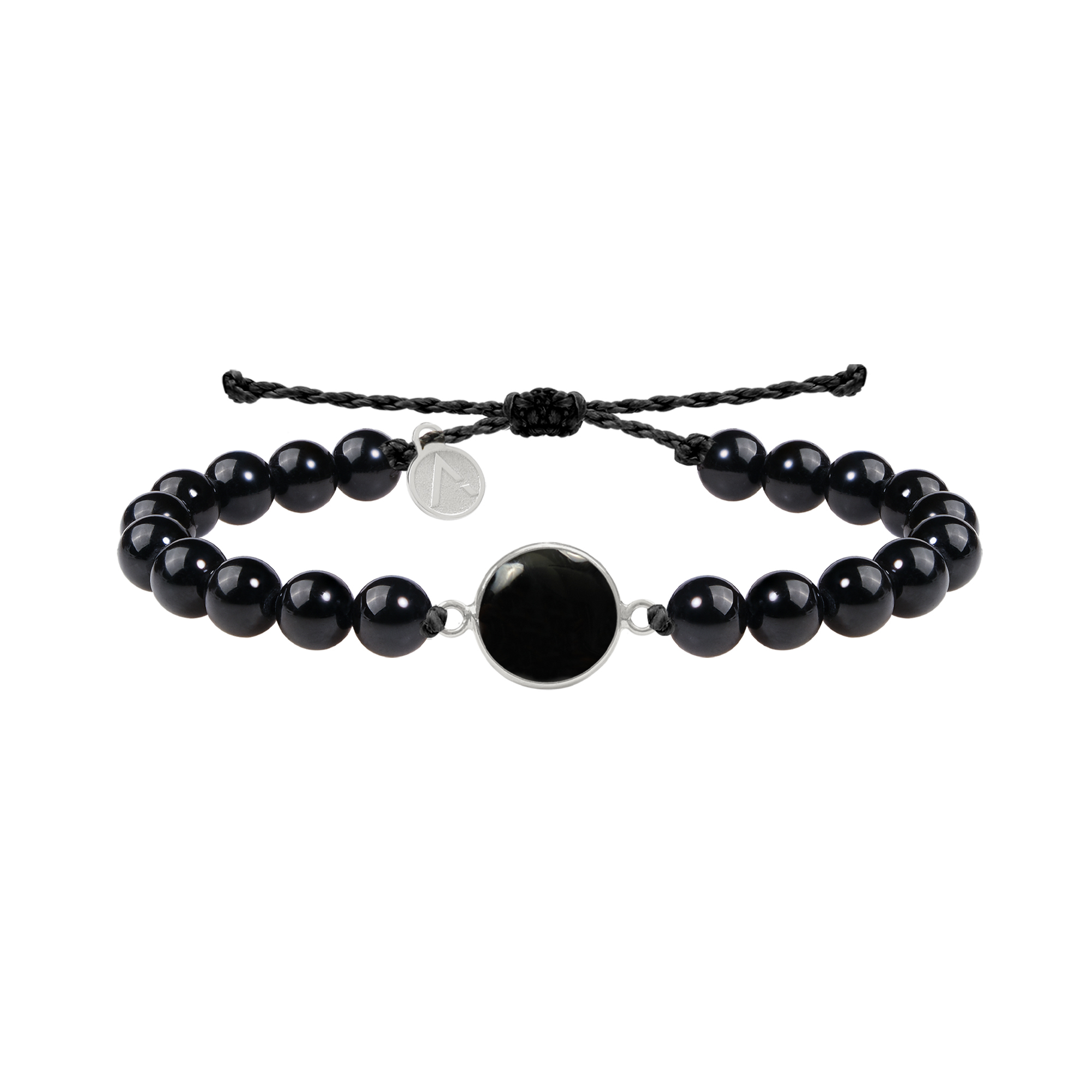 Adjustable bracelet, circle pendant, 9K white gold, Onyx stones, silk thread