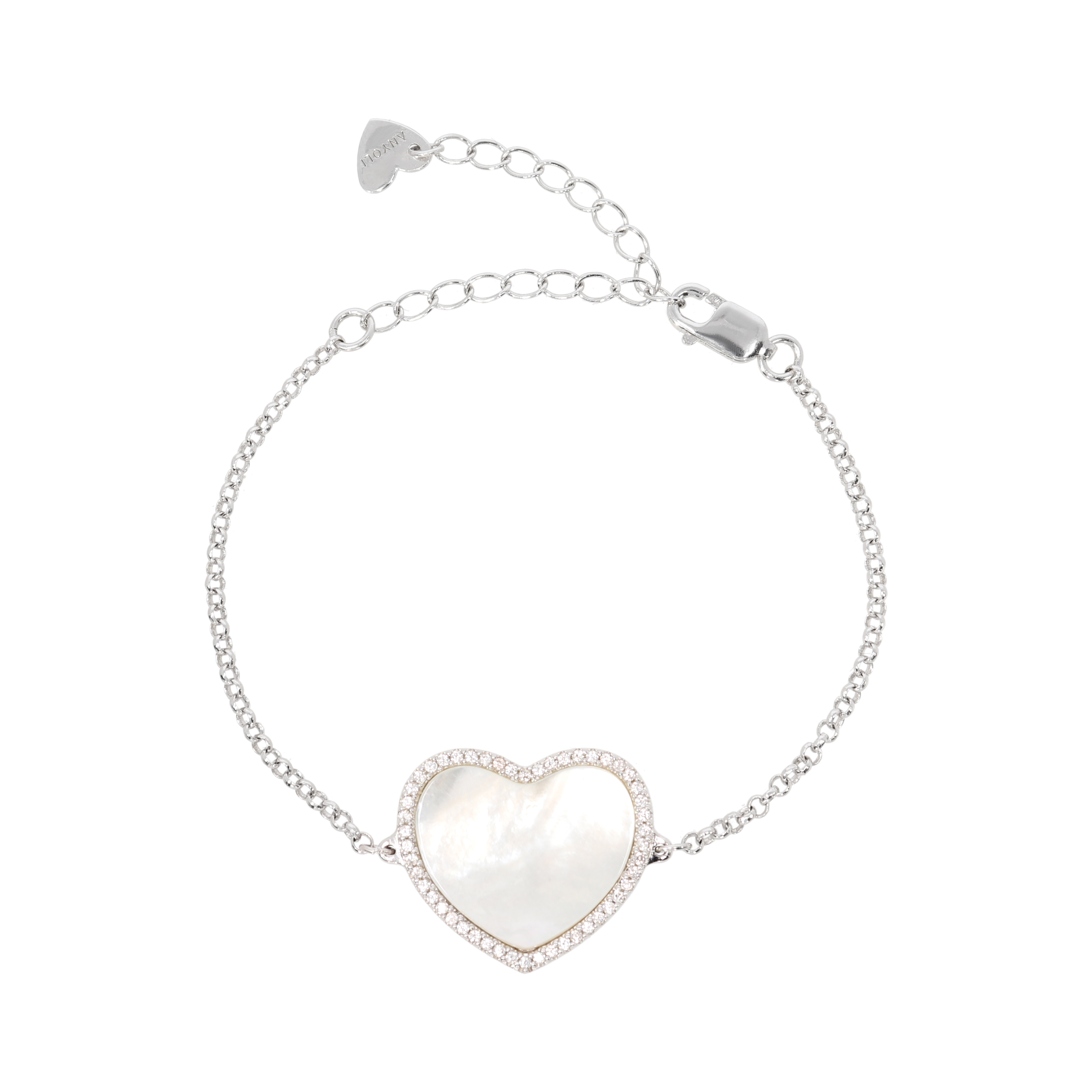 Adjustable bracelet with heart pendant, silver 925, Madre Perla and Zircon stones