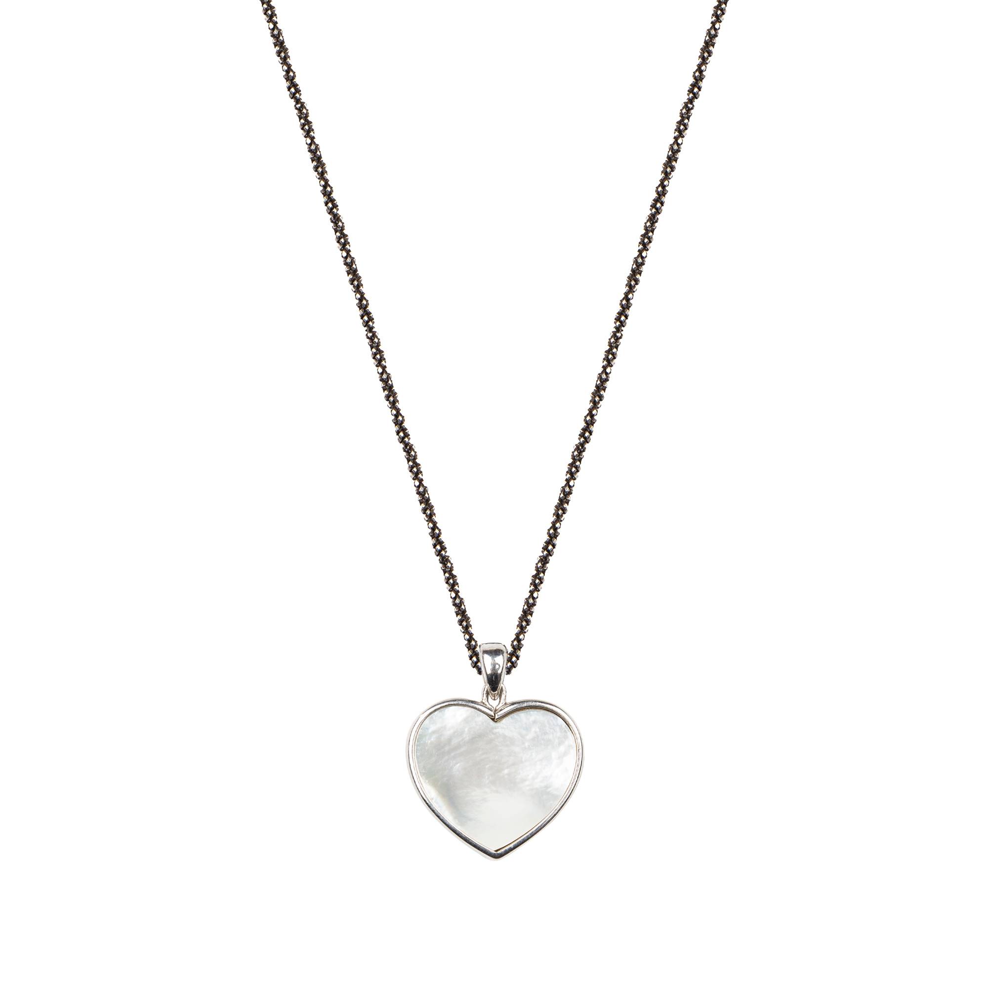 Long black silver cut diamond and twisted necklace with silver heart pendant, Madre Perla stone