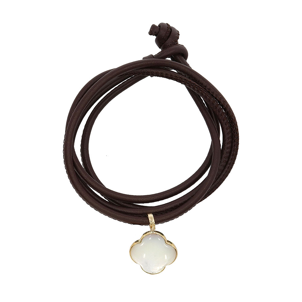Leather bracelet, dark brown, with removable cross pendant, 9K gold, Madre Perla stone