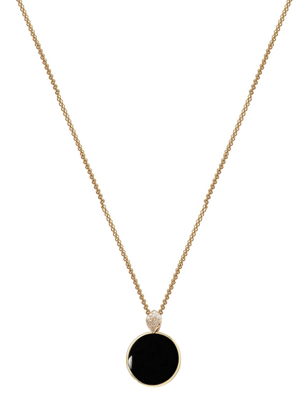 Diamond chain, circle pendant, 9K yellow gold, Onyx stone